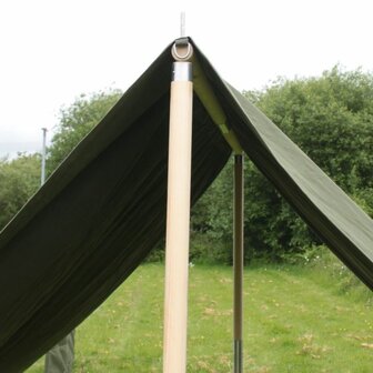 WW2-style Jeep Tent Flysheet Green with wooden poles and ropes set up in grassy field