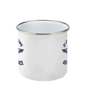 White USAAF enamel mug with blue emblem, back
