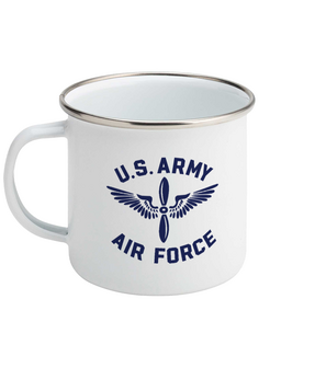 White USAAF enamel mug with blue emblem, front view