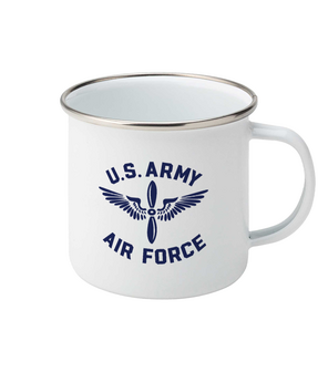White USAAF enamel mug with blue emblem, front left