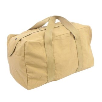 khaki canvas holdall with wrap-around carry straps and &ldquo;broad arrow&rdquo; marking.