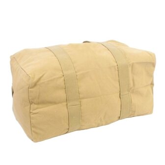 khaki canvas holdall with wrap-around carry straps and &ldquo;broad arrow&rdquo; marking.