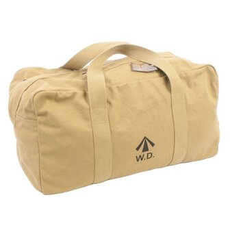 khaki canvas holdall with wrap-around carry straps and &ldquo;broad arrow&rdquo; marking.