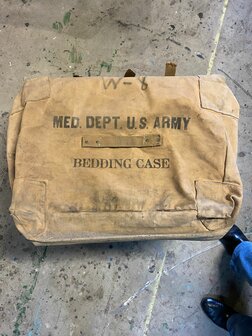 Original US Army Medical Department Bedding Case &ndash; front with red cross and markings