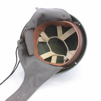 Detail of leather ear protectors and chin strap on WW2 Dispatch Rider helmet