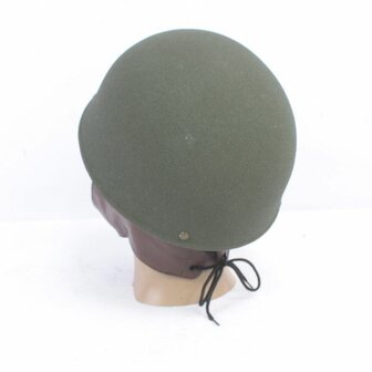 Detail of leather ear protectors and chin strap on WW2 Dispatch Rider helmet