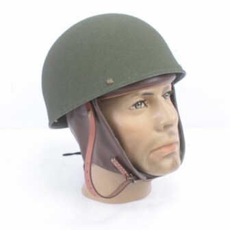 Detail of leather ear protectors and chin strap on WW2 Dispatch Rider helmet