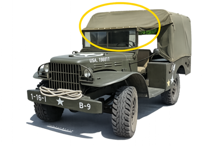 Dodge WC51 WC52 canvas top cap above windshield on WW2 Dodge truck