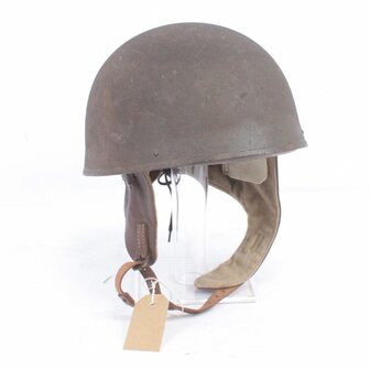 Top view of original British dispatch rider helmet with open leather interior and chinstrap