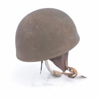 Top view of original British dispatch rider helmet with open leather interior and chinstrap