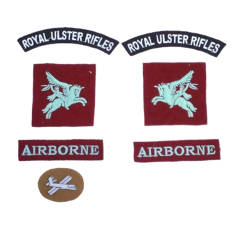 Royal Ulster Rifles Airborne BD badge set with Pegasus formation signs and AIRBORNE tabs