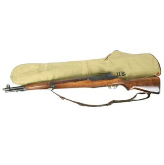 Khaki canvas M1 Garand carrying bag shown with an M1 Garand rifle and U.S. marking