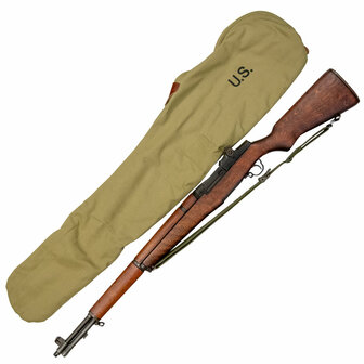 Khaki canvas M1 Garand carrying bag shown with an M1 Garand rifle and U.S. marking