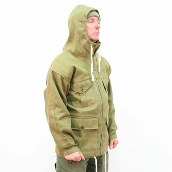 Front view of the British WW2 denim overhead mountain smock by Kay Canvas with four pockets and fixed hood
