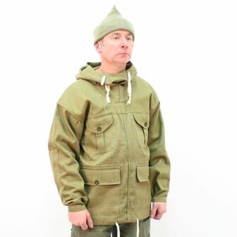 Front view of the British WW2 denim overhead mountain smock by Kay Canvas with four pockets and fixed hood