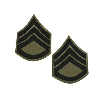 Pair of US Staff Sergeant subdued cloth sleeve ranks in black on olive green cloth