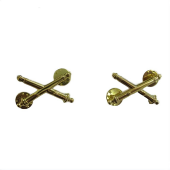 US Army Artillery Officer Branch Insignia with crossed cannons in gold-tone finish, shown as a pair