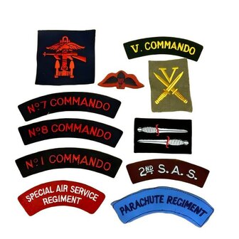 Set of 11 British special forces badges with Commando, SAS and Parachute Regiment insignia