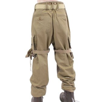 Rear view of children&rsquo;s US WW2 M42 jump trousers with rear pockets, leg pockets and tie tapes