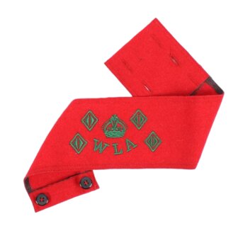 Red Women&rsquo;s Land Army WLA armband with green crown, WLA lettering and service diamonds for 4 years&rsquo; service