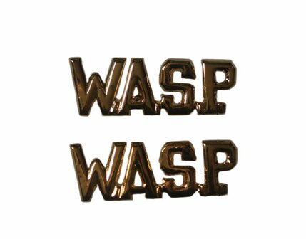 Pair of metal WASP collar badges with gold-coloured W.A.S.P. lettering