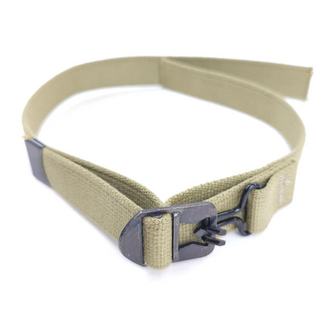 Close-up of M1 helmet chinstrap with stepped bar buckle, J-hook and visible reinforced stitching