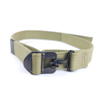 Close-up of M1 helmet chinstrap with stepped bar buckle, J-hook and visible reinforced stitching