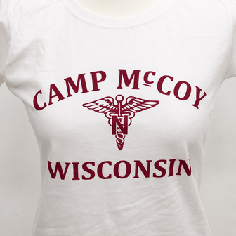 Close-up of white US Army Nurses Camp McCoy Wisconsin T-shirt with red medical print