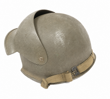 Rear view of the US T14 Photographer Helmet with chinstrap and metal construction