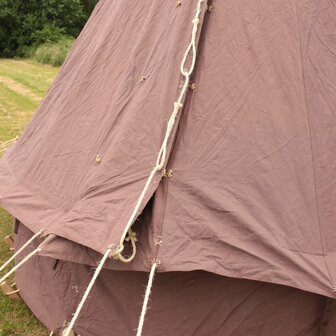 Side view of brown British WWII Bell Tent with traditional hemp guy ropes