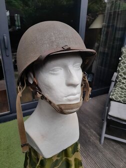Original WWII US M1 McCord Airborne helmet named Mulligan, front view