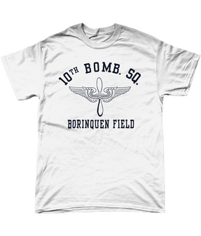 White WWII Borinquen Field T-shirt with winged propeller and dark blue print