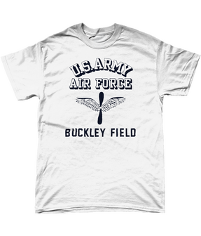 White WW2 U.S. Army Air Force Buckley Field reproduction T-shirt with historical front print