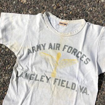 Original white US Army Air Forces Langley Field VA WWII sports shirt with grey lettering and yellow winged propeller