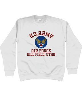 White U.S. Army Air Force Hill Field Utah crewneck sweatshirt with historical aviation print
