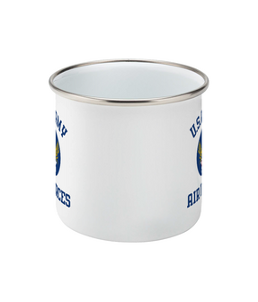 Rear view of white USAAF enamel mug showing the print on both sides