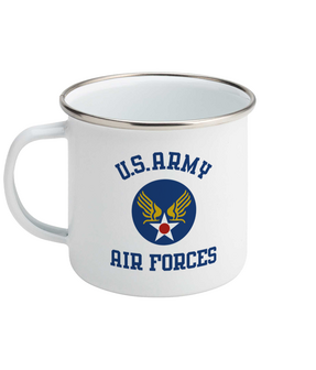 White U.S. Army Air Forces enamel mug with historically inspired print and handle on the left
