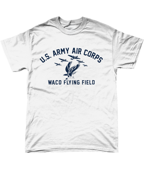 White Waco Flying Field T-shirt with dark navy U.S. Army Air Corps and military aircraft print