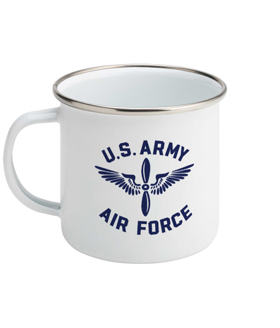 White USAAF enamel mug with blue emblem, front view
