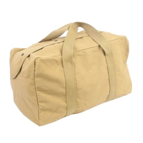 khaki canvas holdall with wrap-around carry straps and “broad arrow” marking.