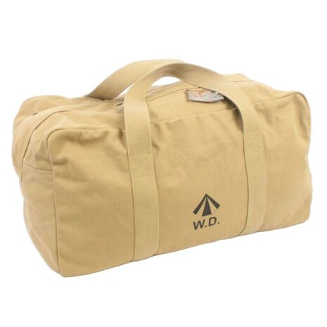 khaki canvas holdall with wrap-around carry straps and “broad arrow” marking.