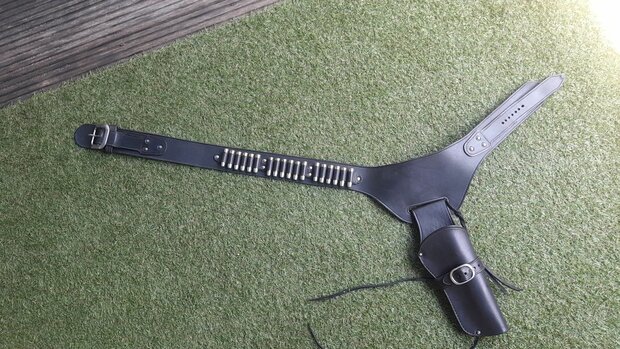 Dark brown leather western holster with cartridge belt, handmade