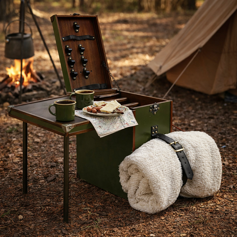 Luxury wooden picnic box with carrying handle, natural wood finish on spot