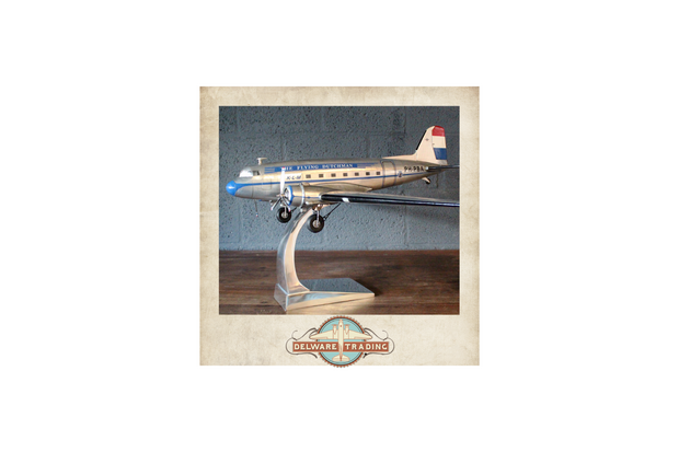 Dakota DC-3 decorative model in KLM Flying Dutchman livery on stand Flyng Dutch men