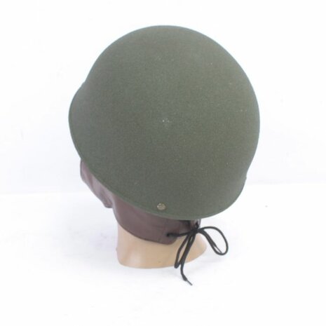 Detail of leather ear protectors and chin strap on WW2 Dispatch Rider helmet