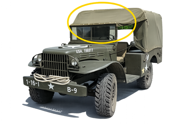 Dodge WC51 WC52 canvas top cap above windshield on WW2 Dodge truck