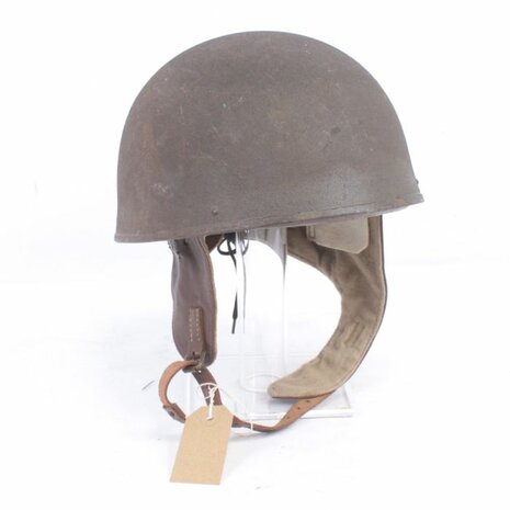 Top view of original British dispatch rider helmet with open leather interior and chinstrap