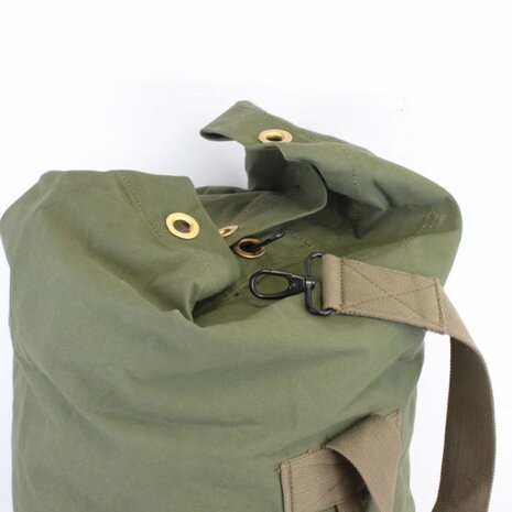 WW2 US Army green canvas kit bag with metal eyelets and shoulder strap