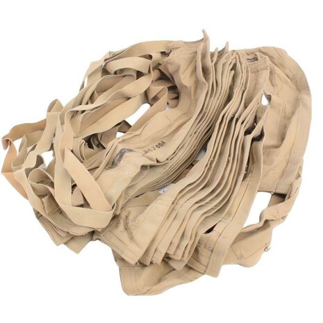 Stack of original British Army tan cotton bandoliers with date stamps and ammunition