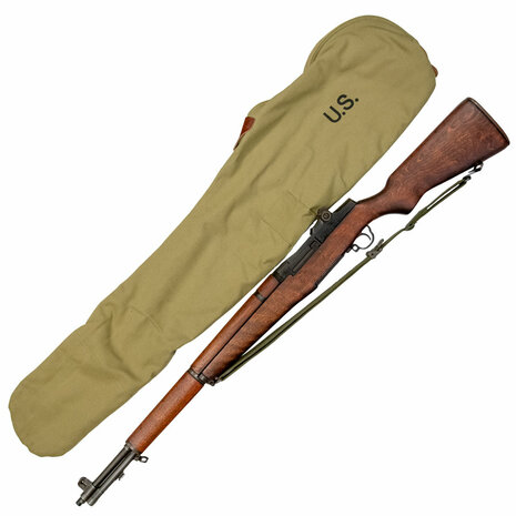 Khaki canvas M1 Garand carrying bag shown with an M1 Garand rifle and U.S. marking